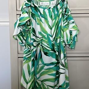 New York & Company Green Leaf Print Ruffle Cold-Shoulder Top